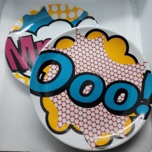 Crate & Barrel CB2 Pop Art Comic Book Appetizer Plates Mmm Ooo! 5.5” One Chipped